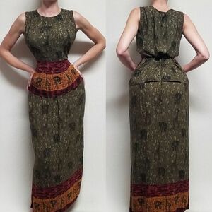 80s Vintage Melissa Harper Olive Green Lace-up Top Maxi Skirt Two-Piece Set M